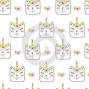 Seamless pattern with cute caticorn. Kids print. Vector