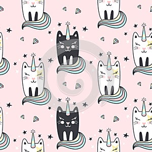 Seamless pattern with cute caticorns.