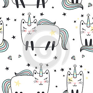 Seamless pattern with cute caticorns.