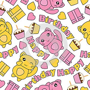 Seamless pattern with cute cats, birthday cake, and box gifts vector cartoon suitable for birthday wallpaper design
