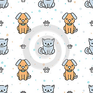 Seamless pattern with cute cats and dogs, minimalistic design. Pet shelter, veterinary care. Texture for wallpapers, stationery,