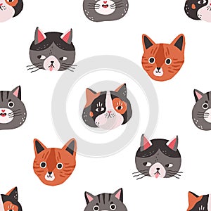 Seamless pattern with cute cats faces on white background. Repeating feline texture with funny kittens heads in doodle