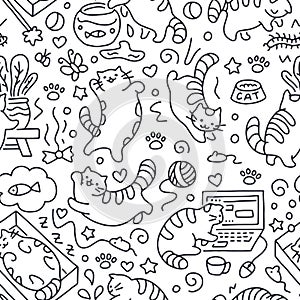 Seamless pattern with cute cats line drawing. Playful kitten background, cat sleeping in box, play with computer