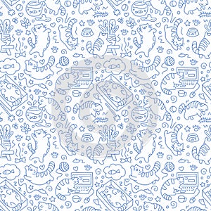 Seamless pattern with cute cats line drawing. Playful kitten blue background, cat sleeping in box, play with computer