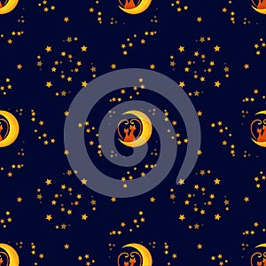 Seamless pattern cute cats in love on the moon