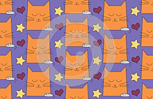 Seamless pattern, cute cats and mice, hand-drawn in vector, kind animals, decorations for children.