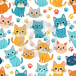 Seamless pattern with cute cats and paw prints on white background