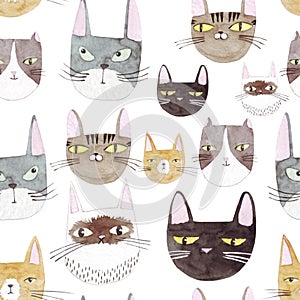 Seamless  pattern of cute cats .  Watercolor background with cat heads.