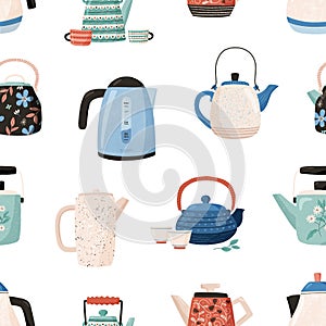 Seamless pattern with cute ceramic teapots and cups on white background. Backdrop with kettles. Kitchen crockery for
