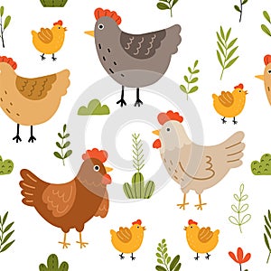 Seamless pattern with cute chicken, flowers and leaves for your fabric, children textile, apparel, nursery decoration, gift wrap