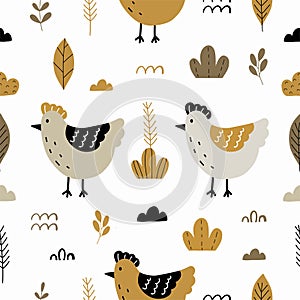 Seamless pattern with cute chicken, flowers and leaves for your fabric, children textile, apparel, nursery decoration, gift wrap