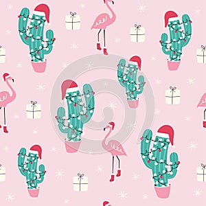 Seamless pattern with cute Christmas cactus. Vector