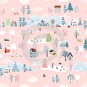 Seamless pattern Cute Christmas landscape in the town with fairy tale house,car,polar bear playing ice skate and pine tree,Vector