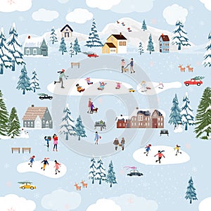 Seamless pattern Cute Christmas landscape in the town with fairy tale house,car,polar bear playing ice skate and pine tree,Vector