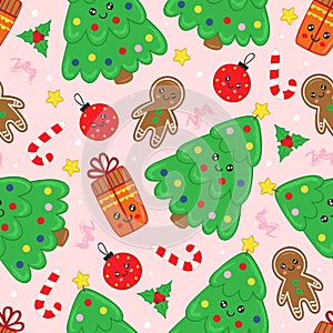 Seamless pattern with cute Christmas tree and other elements