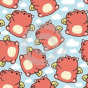 Seamless pattern of cute chubby dragon with cloud on sky background.Chinese animal