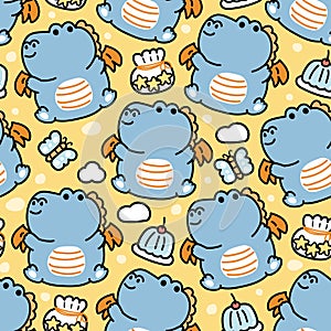 Seamless pattern of cute chubby dragon with jelly butterfly cloud and star cookies on background