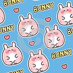 Seamless pattern of cute chubby rabbit with text and heart on blue background.Rodent