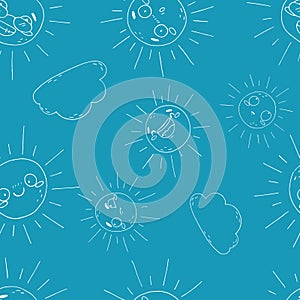 Seamless pattern of cute clouds and sun on blue background
