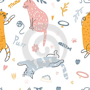 Seamless pattern with cute colorful cats. Hand drawn vector illustration of kittens for wrapping paper, fabric print