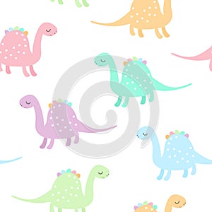 Seamless pattern with cute colorful dinosaurs on white background. Dino print for kids.