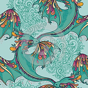 Seamless pattern with cute colorful dragons