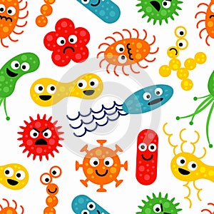 Seamless pattern with cute colorful funny bacterias, germs