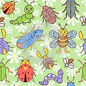 Seamless pattern with cute colorful insects