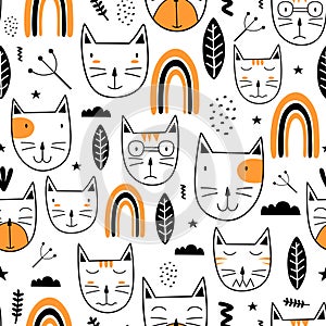 Seamless pattern with cute colorful Kittens scandinavian drawing. Creative childish hand drawn unique style. Good for baby and