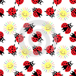 Seamless pattern, cute colorful ladybugs and smiling sun. Textile for kids, cover, decor for kids bedroom