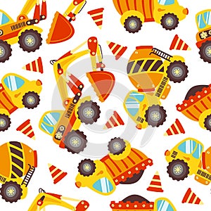 Seamless pattern of cute construction equipment for different purposes.