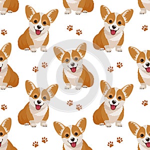 Seamless pattern, cute corgi dogs and paw prints on a white background. Print vector