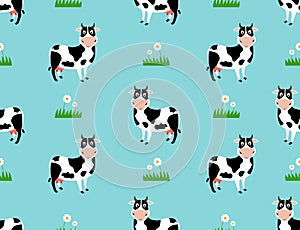 Seamless pattern with cute cow cartoon on field background