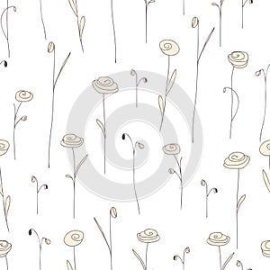 Seamless pattern with cute creamy flowers. White background with doodle roses.