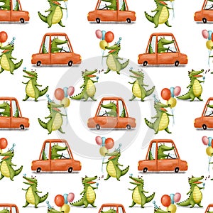 Seamless pattern with Cute Crocodile. Funny Alligator in car and with balloons, bird on white background.
