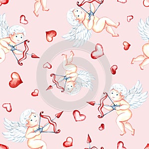 Seamless pattern with cute cupids with bow, arrows and hearts. Little angels. Hand-drawn watercolor illustration. On