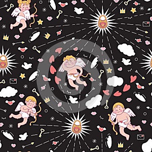 Seamless pattern with cute cupids for Valentine`s day or wedding.
