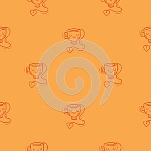 Seamless pattern with cute  cups on orange background. Wallpaper with mugs and tea sachets. Dishes with tastydrink.