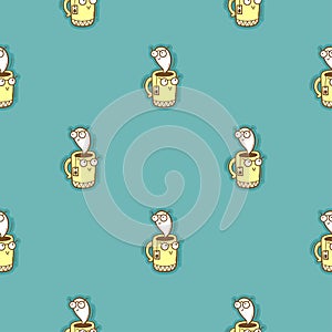 Seamless pattern with cute cups on turquoise background. Wallpaper with mugs and tea sachets. Dishes with tastydrink.