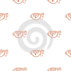 Seamless pattern with cute  cups on white background. Wallpaper with mugs and tea sachets. Dishes with tastydrink.