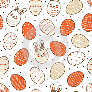 Seamless pattern with cute decorated eggs isolated on white - cartoon background for happy Easter design