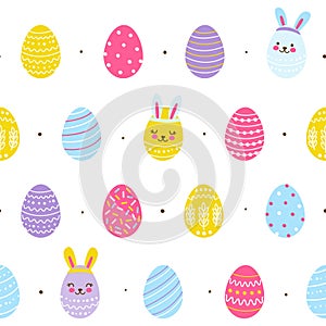 Seamless pattern with cute decorated eggs isolated on white - cartoon background for happy Easter design