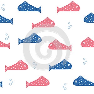 Seamless pattern with cute decorative fishes. Funny multicolor background, marine texture.