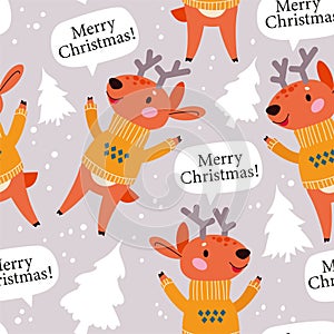 Seamless pattern with cute deer characters in sweater, Merry Christmas congratulation and white fir trees.