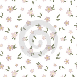 Seamless pattern, cute delicate pink flowers and leaves on a white background. Textile, print, cover