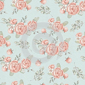 Seamless pattern with cute delicate spring flowers and leaves