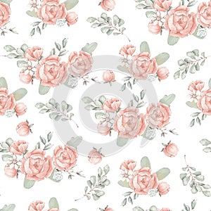 Seamless pattern with cute delicate spring flowers and leaves