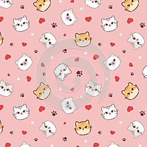 Seamless pattern of a cute different cats, hearts and animal\'s paws