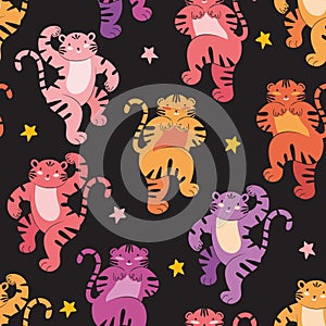 Seamless pattern cute different colored tigers at a party. Funny tigers dance among the stars on a black background