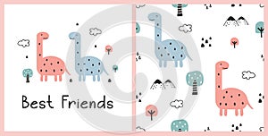 Seamless pattern with cute dinos and forest elements